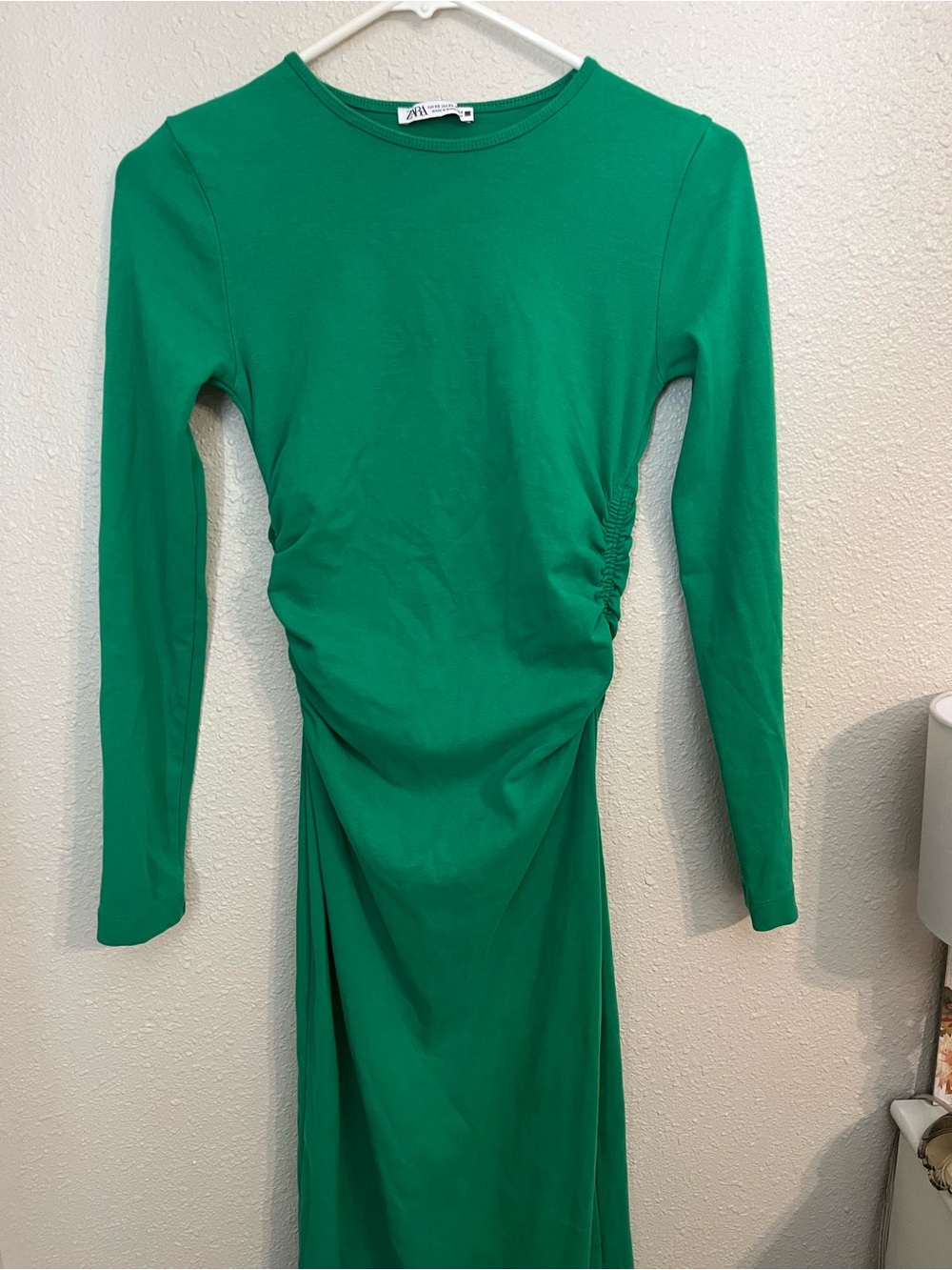 Zara Emerald Green Long-Sleeve Ruched Midi Dress